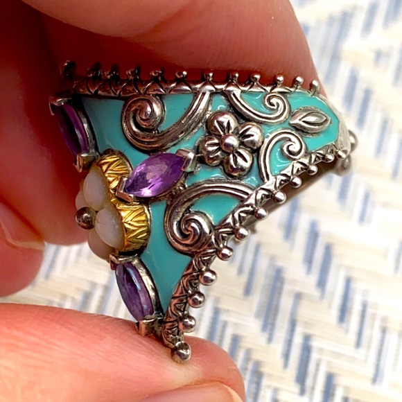 Barbara Bixby amethyst & MOP turquoise enamel ring in size 9 💚💙 - Picture 7 of 9
